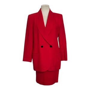 Valerie Stevens red wool vintage skirt doble breast blazer suit set size 4